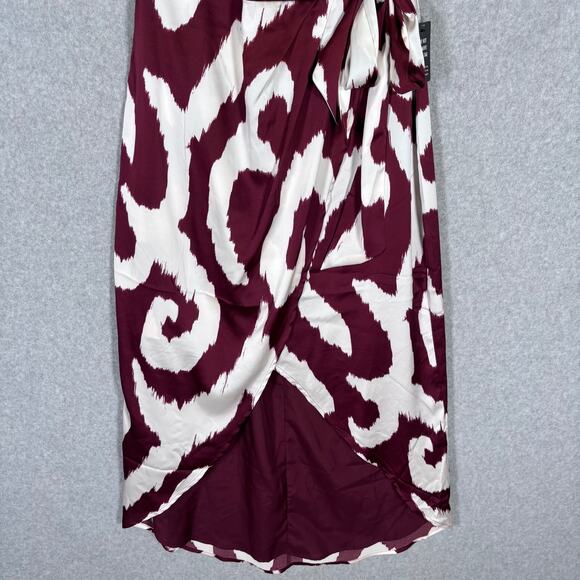 Express Dress Medium Burgundy Midi Satin Wrap Ikat Hi Lo Resort Cruise NEW $98 - Picture 3 of 13